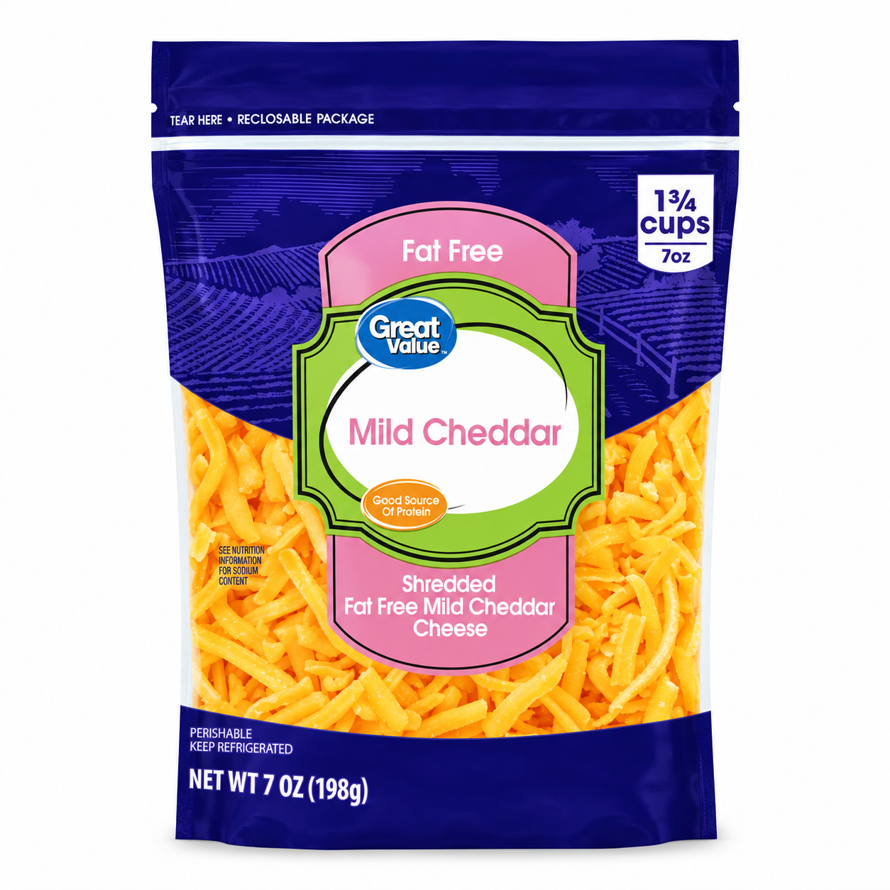 Great Value Fat Free Mild Cheddar packaging